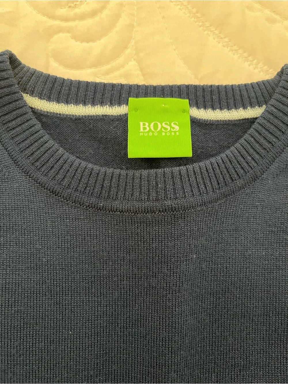 Boss Men's Navy Crewneck Sweater with Lime Accent xl
